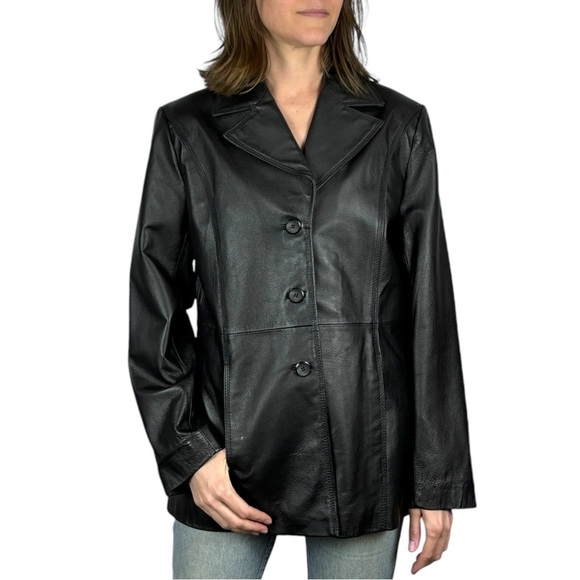 VINTAGE 90S NEW YORK & CO BLACK LEATHER NOTCHED COLLAR BUTTON DOWN BLAZER JACKET - Picture 1 of 13